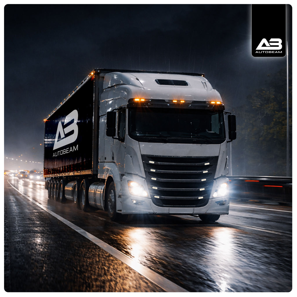 Truck on a wet road at night with 'Autobeam' branding.