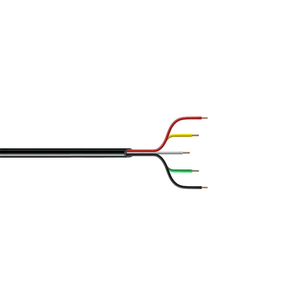 Coiled cable with red, yellow, and green wires on a white background